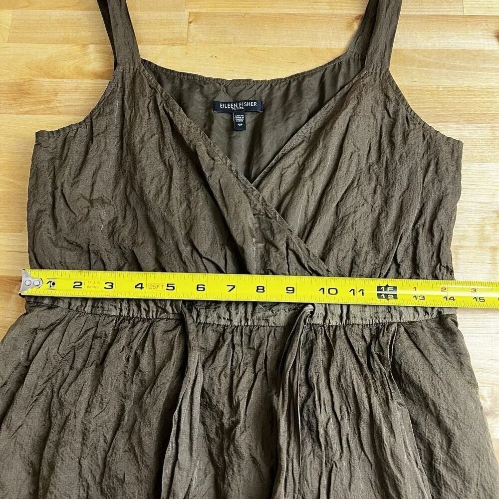 Eileen Fisher Dress Steel Satin‎ Faux Wrap Tie Front Surplice Olivine 4 Petite